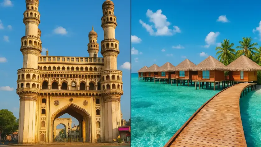 Split image of Charminar and Maldives lagoon villas