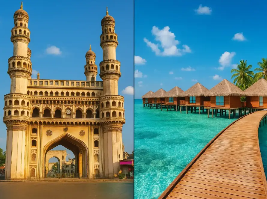 Split image of Charminar and Maldives lagoon villas