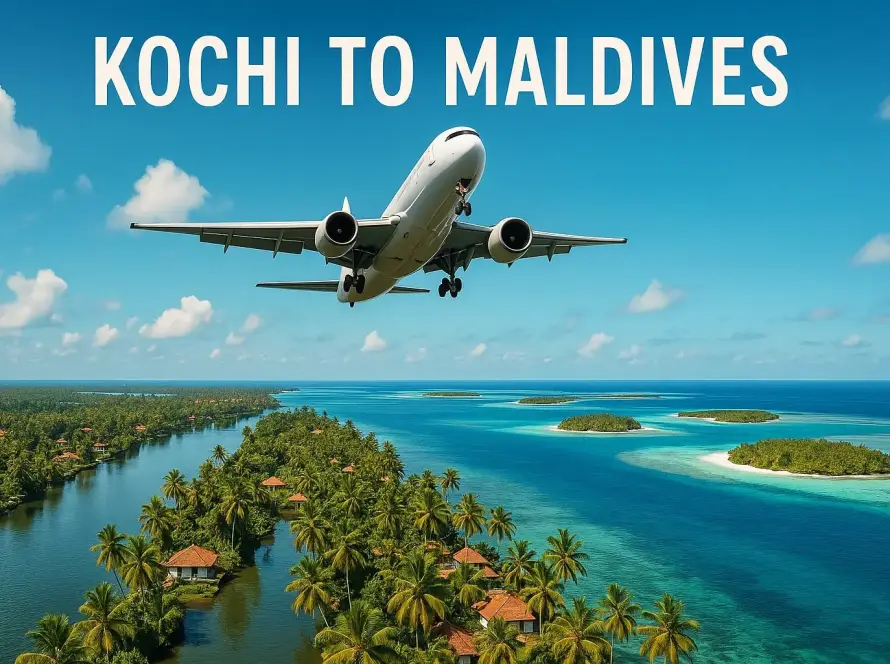 Airplane taking off from Kochi toward Maldives islands