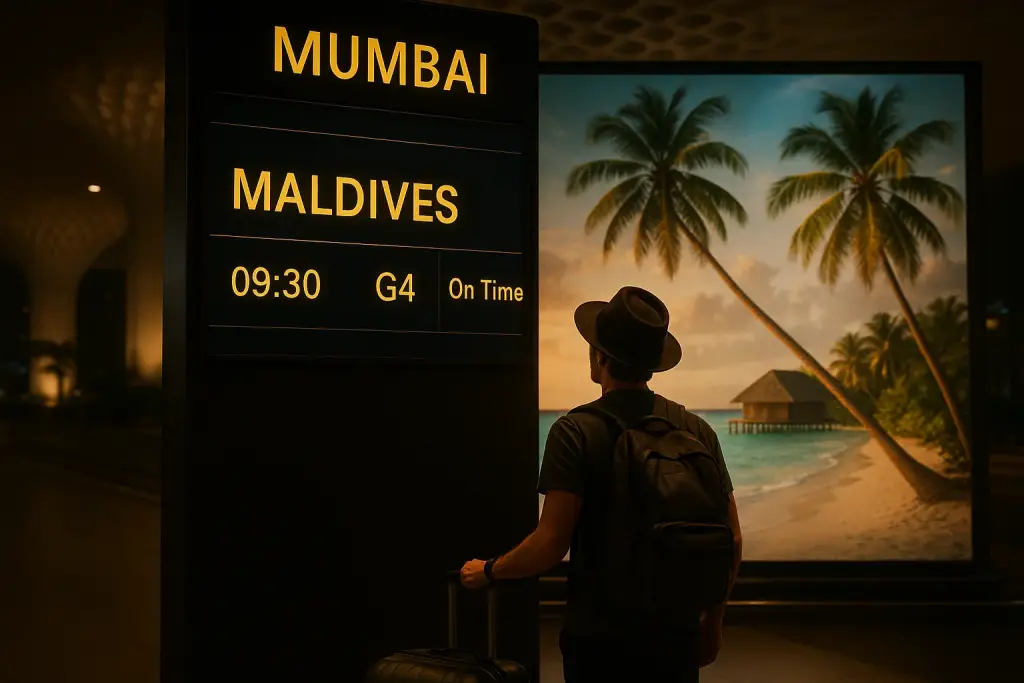 Traveler at Mumbai airport viewing flight board to Maldives