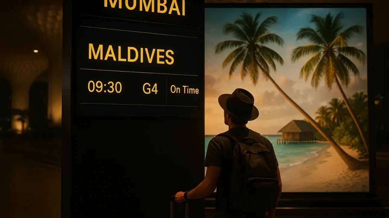 Traveler at Mumbai airport viewing flight board to Maldives