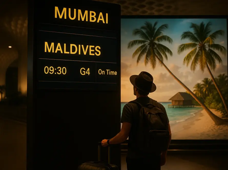 Traveler at Mumbai airport viewing flight board to Maldives
