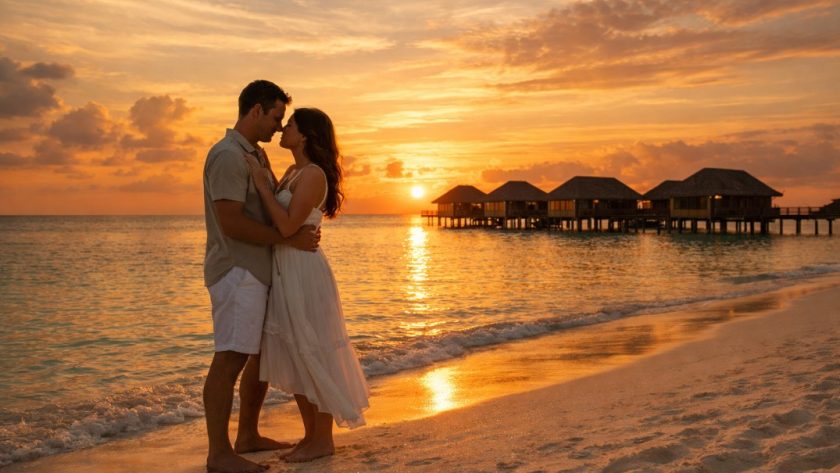 Romantic couple on Maldives beach at sunset
