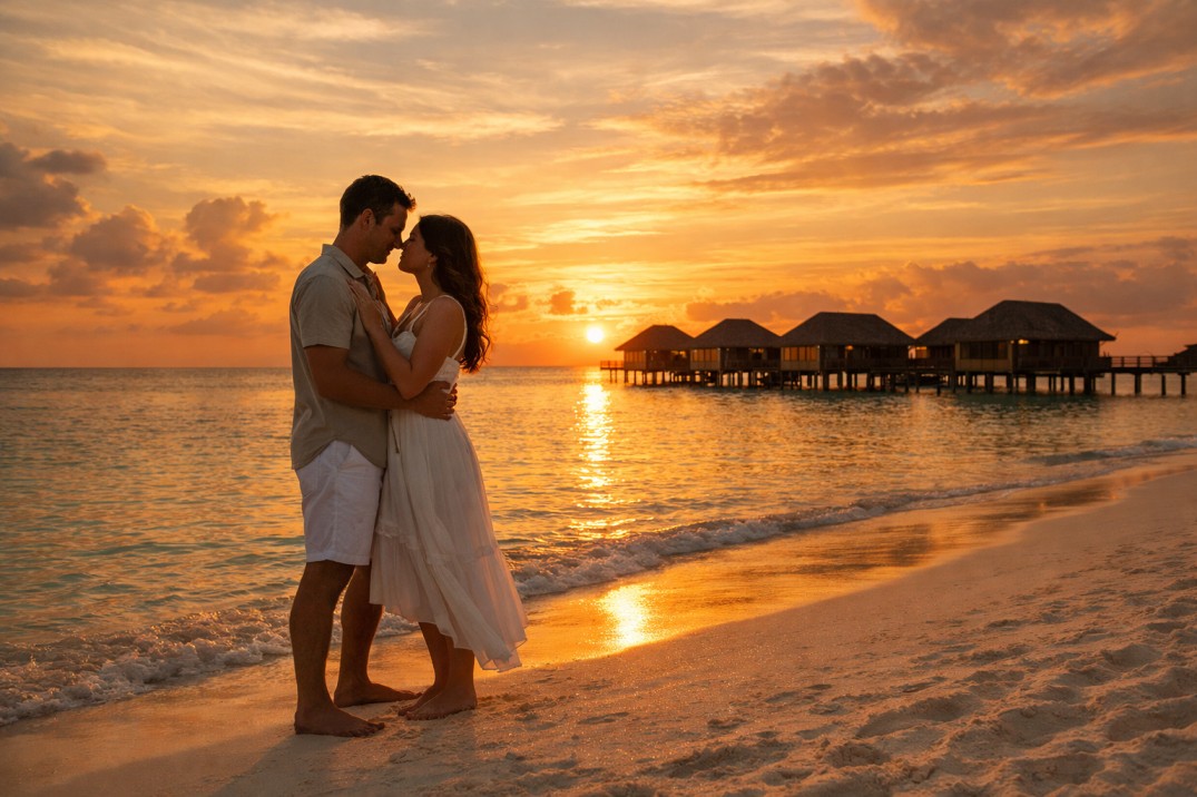 Romantic couple on Maldives beach at sunset