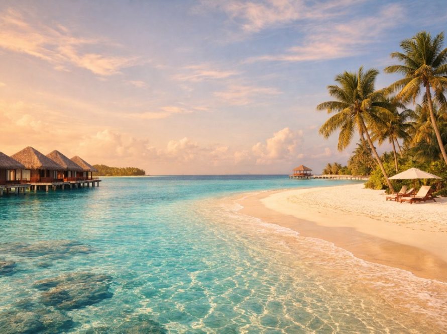 Maldives beach and overwater villas