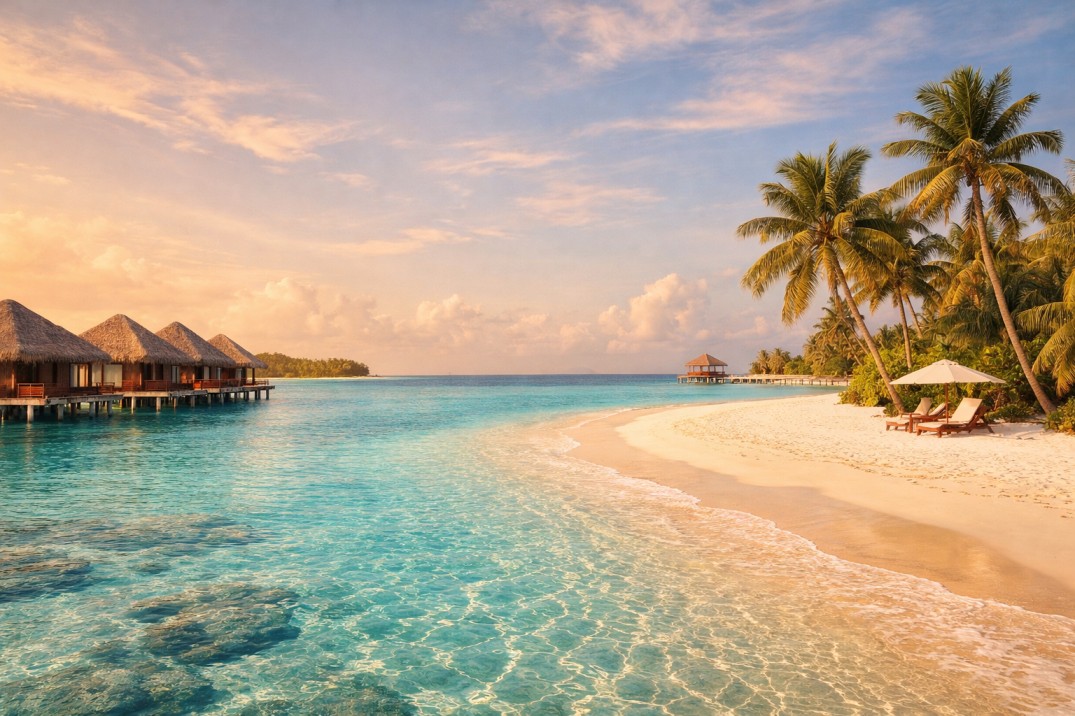 Maldives beach and overwater villas