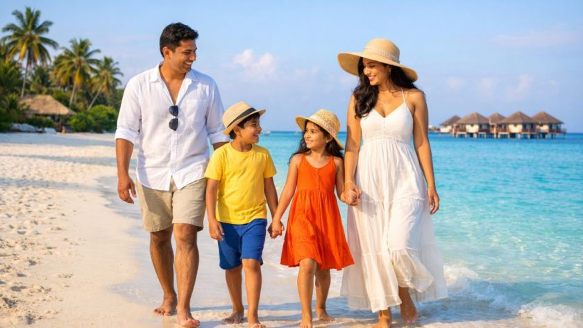 Happy family walking on white sand beach in Maldives