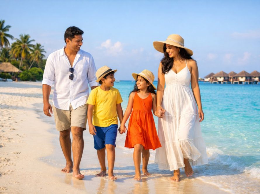 Happy family walking on white sand beach in Maldives