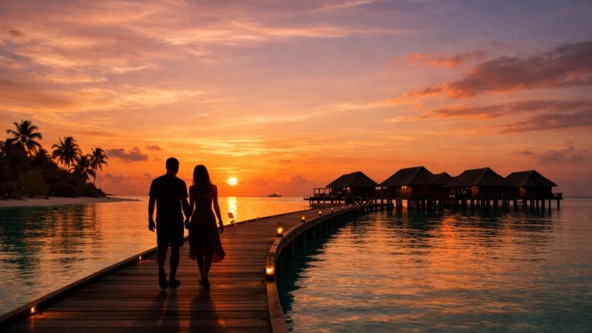 Couple walking on jetty at sunset toward Maldives overwater villas