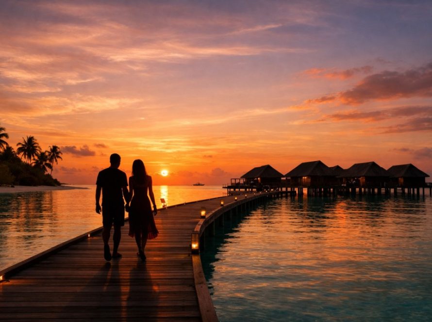 Couple walking on jetty at sunset toward Maldives overwater villas
