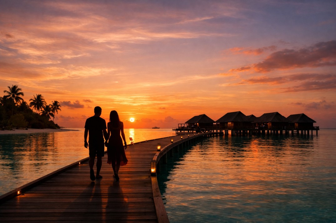Couple walking on jetty at sunset toward Maldives overwater villas
