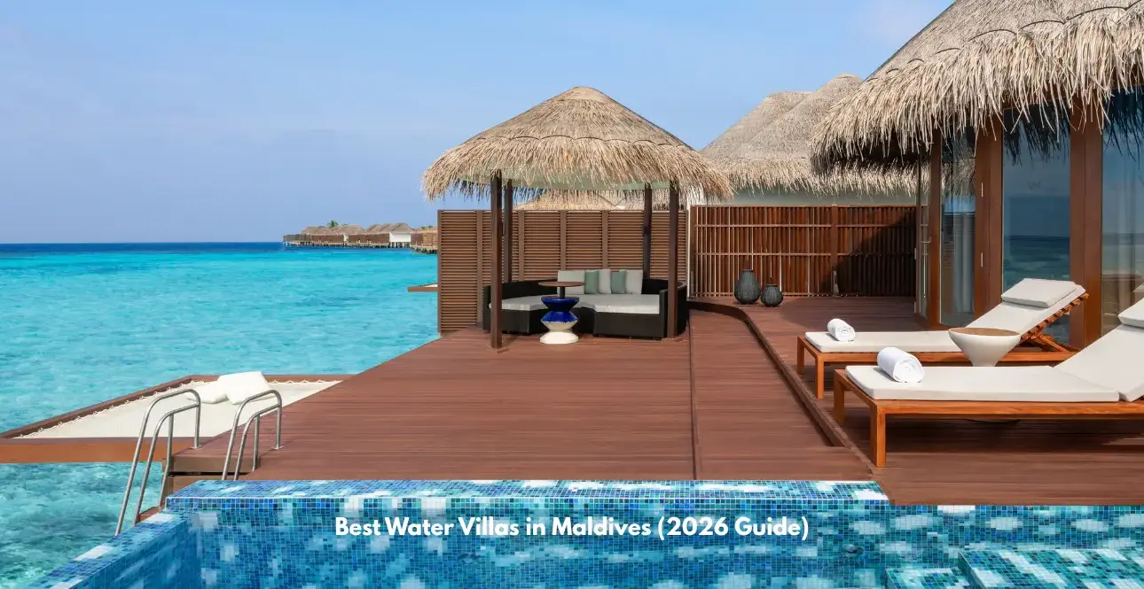 Overwater water villa in Maldives with private deck and turquoise lagoon