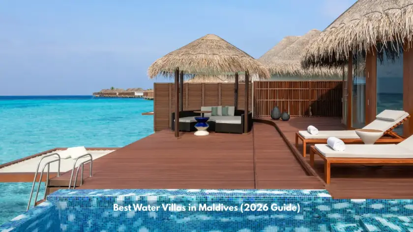 Overwater water villa in Maldives with private deck and turquoise lagoon