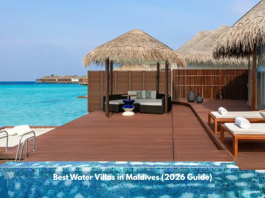 Overwater water villa in Maldives with private deck and turquoise lagoon