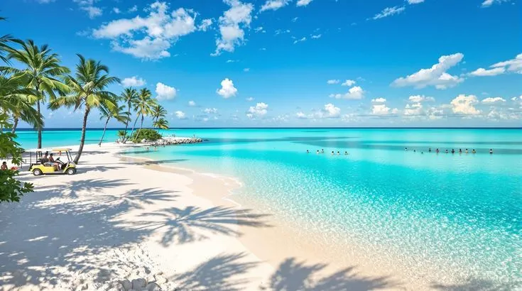 White sandy beach with turquoise crystal-clear water, swaying palm trees, and a bright blue sky on a tropical island.