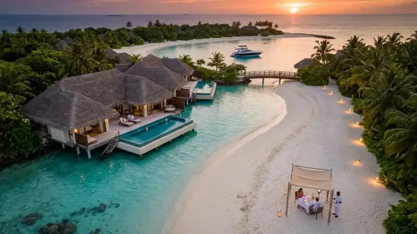 Luxury overwater villa with a private pool overlooking a turquoise lagoon, surrounded by white sand beaches and lush tropical greenery in the Maldives