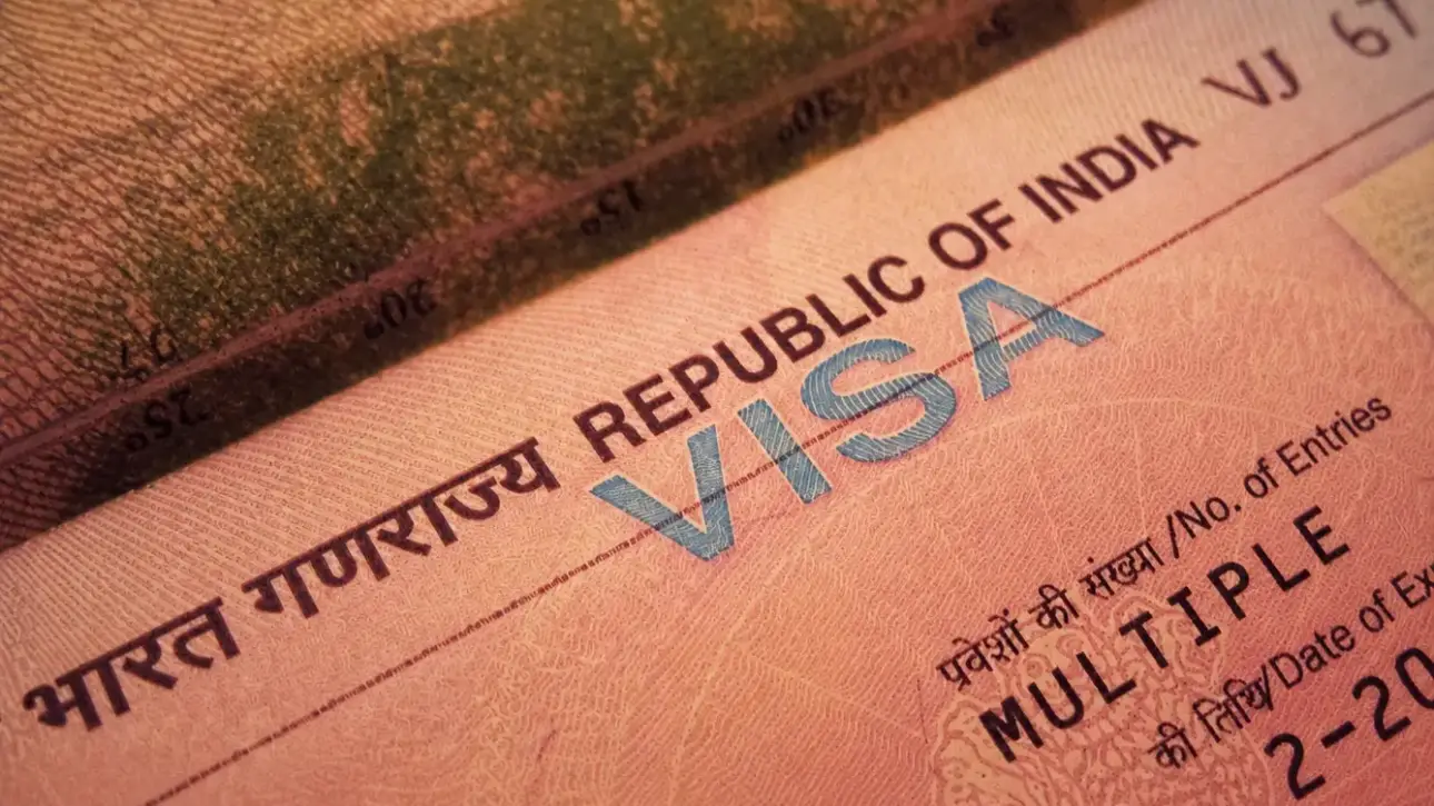Close-up of an Indian visa page highlighting travel documentation for international travel.