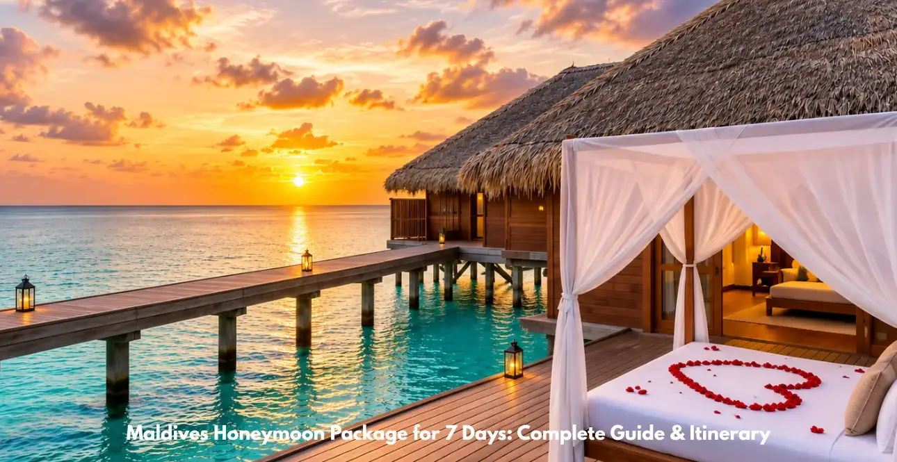 Luxury Maldives honeymoon villa with a romantic bed setup and sunset ocean views
