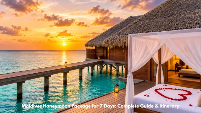 Luxury Maldives honeymoon villa with a romantic bed setup and sunset ocean views