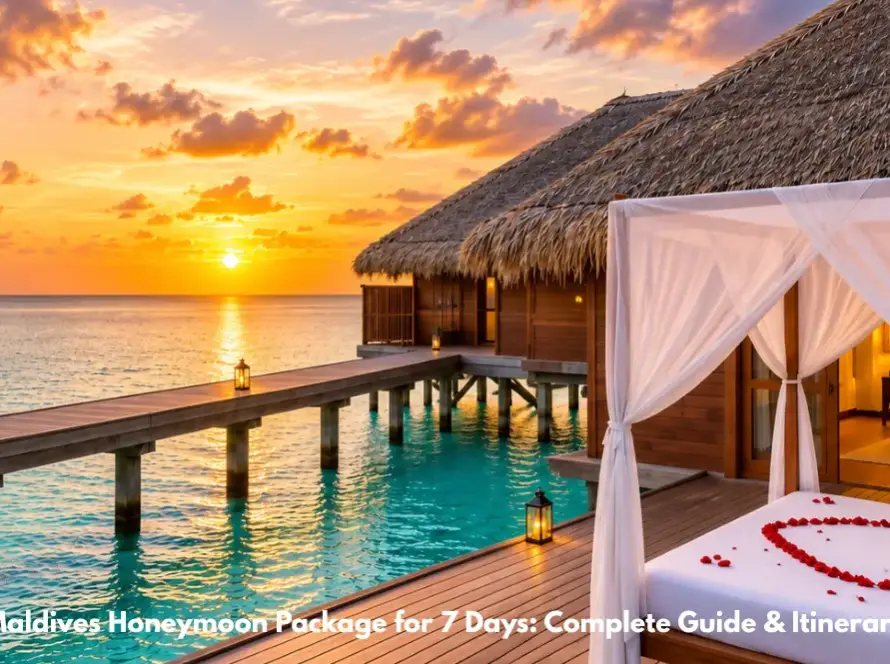 Luxury Maldives honeymoon villa with a romantic bed setup and sunset ocean views