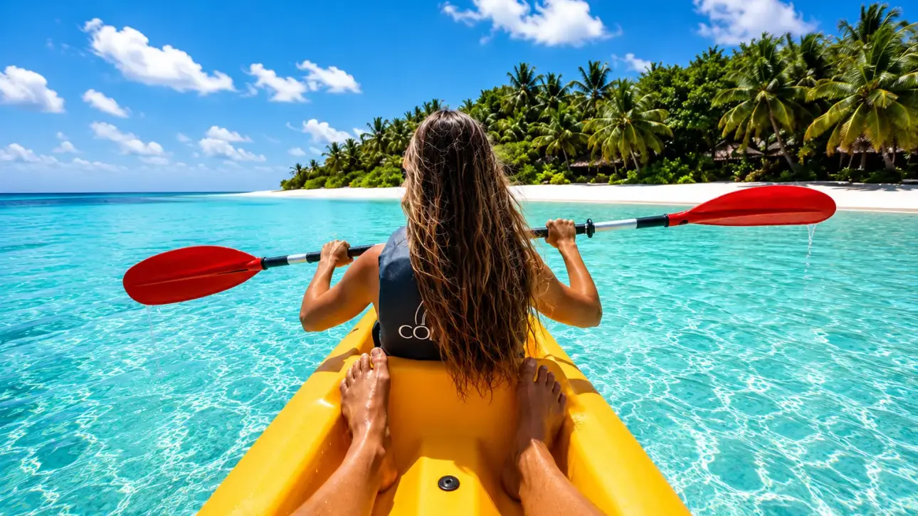 Adventure kayaking in the Maldives with crystal-clear blue water, white sand beaches, and a tropical island backdrop.