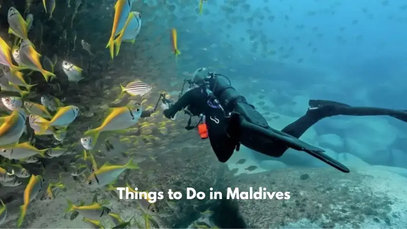 Scuba diver swimming underwater alongside a large school of yellow fish in the Maldives.