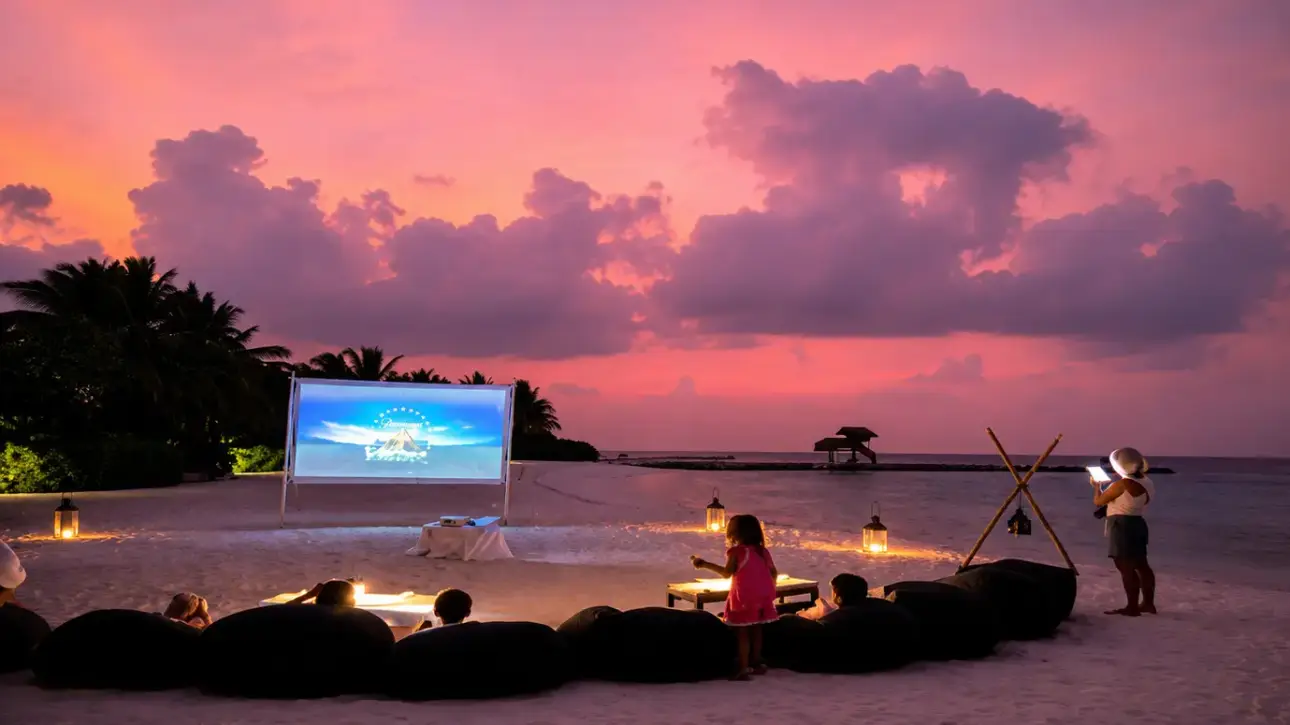 Outdoor beach cinema at sunset with cozy bean bags, lanterns, and guests watching a movie by the ocean