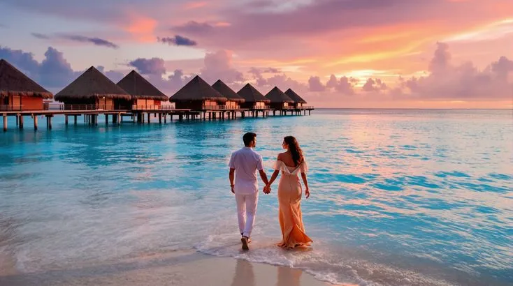 Couple walking hand in hand on a Maldives beach at sunset with overwater villas in the background