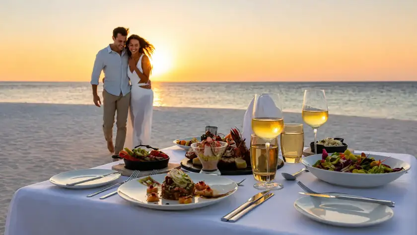 A beautifully set dinner table on a beach with wine glasses and gourmet dishes, while a couple walks together in the background during sunset.