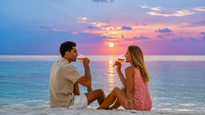 A couple sitting on a white sandy beach at dusk, drinking wine and looking at each other against a serene ocean and purple sunset background.