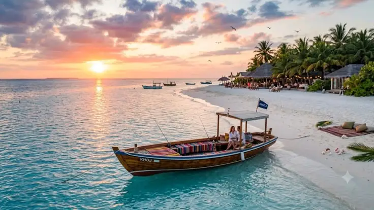 Traditional boat sailing through turquoise water near a tropical Maldives island with a white sand beach.
