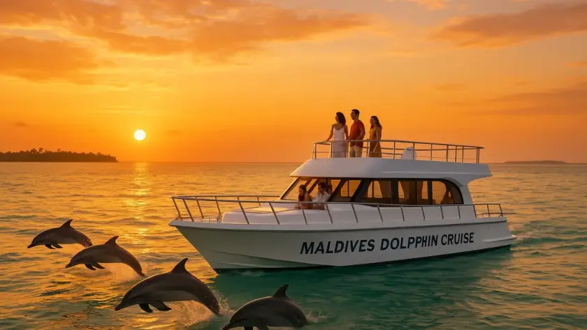 Dolphins swimming beside a luxury cruise boat at sunset in the Maldives, with passengers enjoying the ocean view
