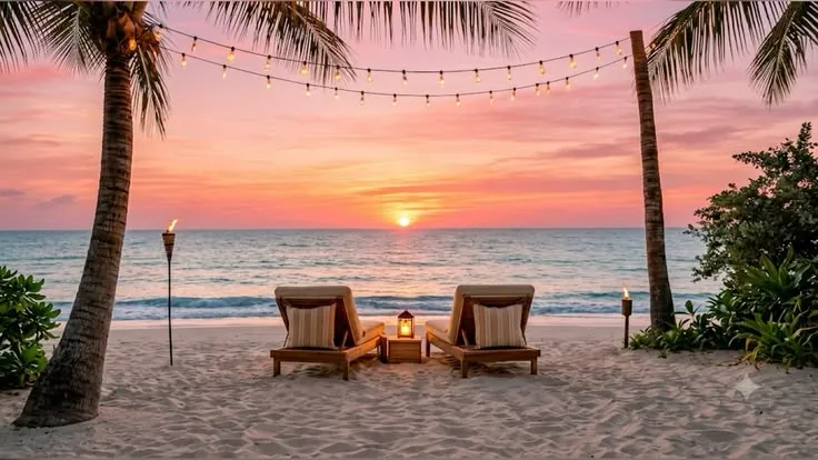 Romantic beach sunset in the Maldives with two lounge chairs, palm trees and string lights