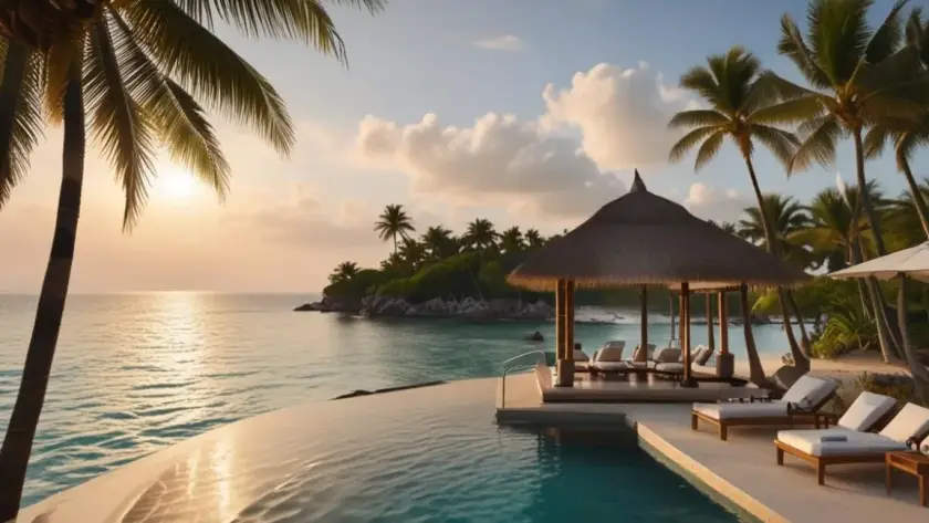 Luxury Maldives island resort with an infinity pool, palm trees and ocean views at sunset.