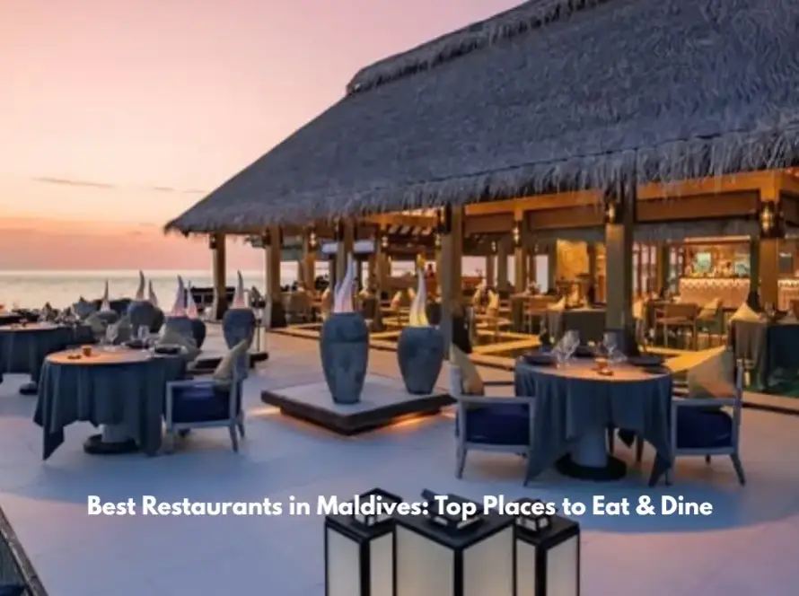 Open-air thatched-roof restaurant beside the ocean in the Maldives, with elegantly set tables overlooking a sunset.