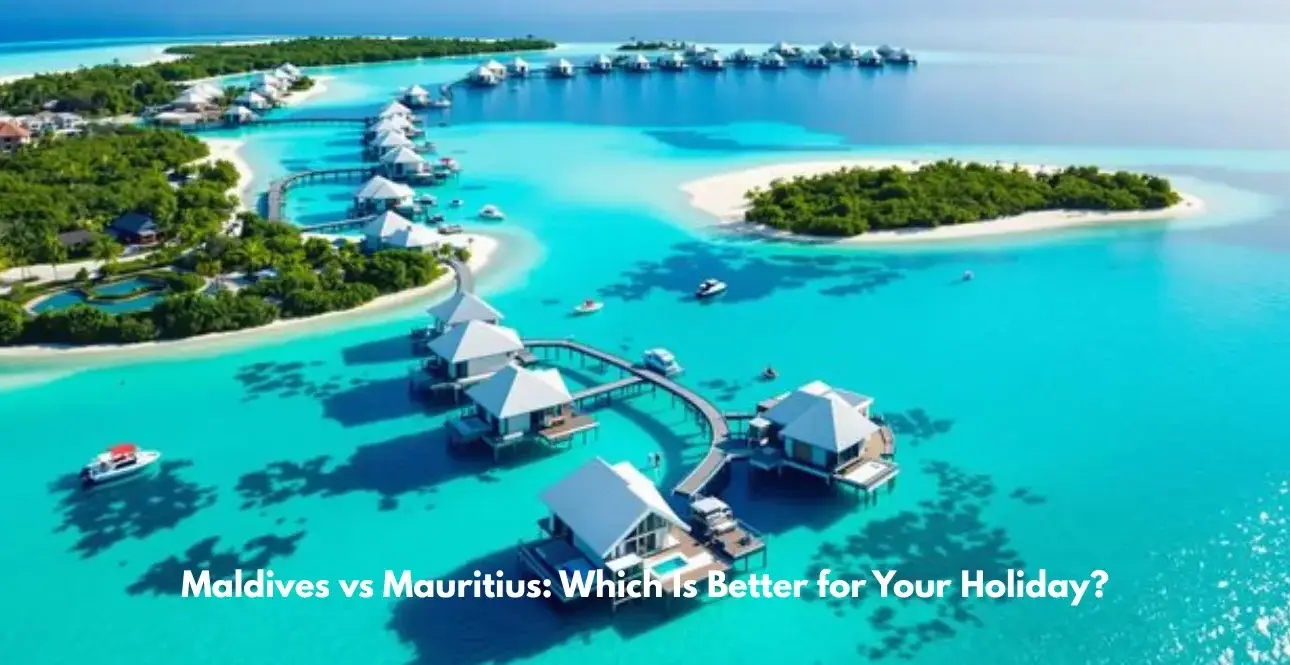 Aerial view of turquoise Maldives islands and overwater villas with text comparing Maldives vs Mauritius holidays