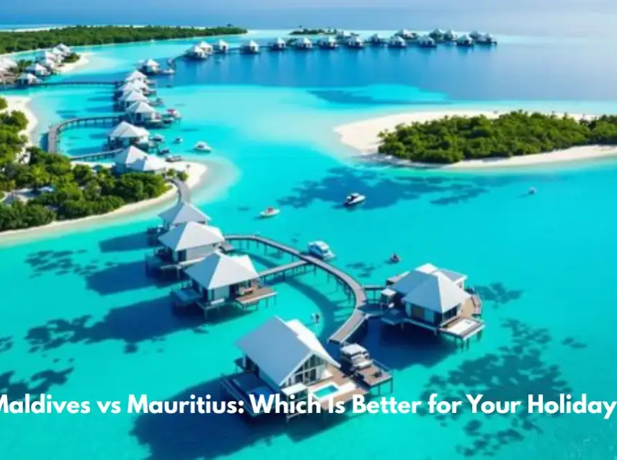 Aerial view of turquoise Maldives islands and overwater villas with text comparing Maldives vs Mauritius holidays