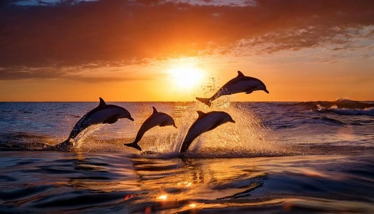 Dolphins jumping in the ocean during a sunset cruise in the Maldives