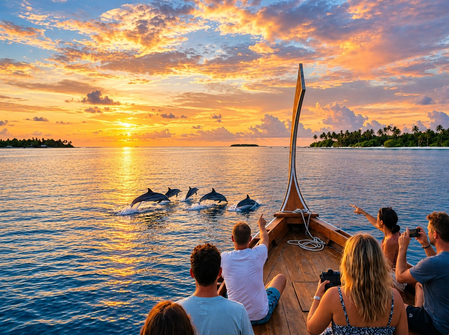Dolphin cruise in Maldives with dolphins swimming beside a boat at sunset