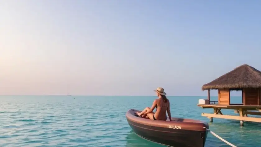 Woman sitting in a kayak near a tropical overwater bungalow at sunset
