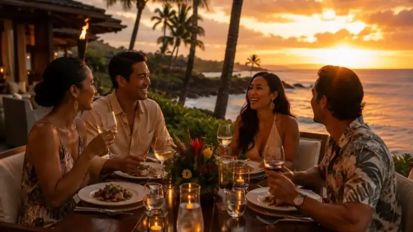 Four friends dine at an oceanfront restaurant during a golden sunset, enjoying food and drinks amid palm trees, candlelight, and coastal views.