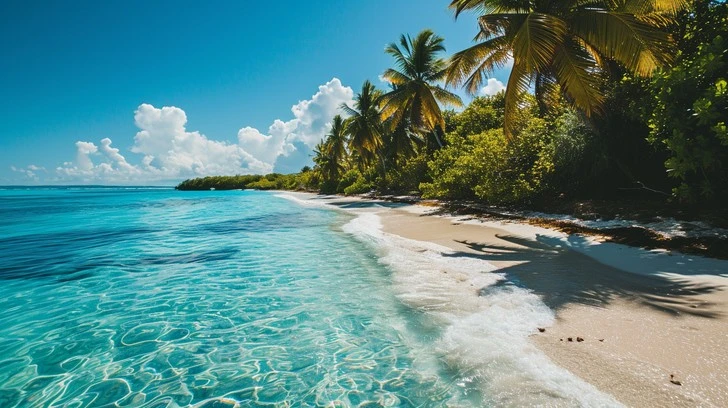  Secluded tropical beach with clear turquoise water, white sand, and palm trees under a sunny blue sky.