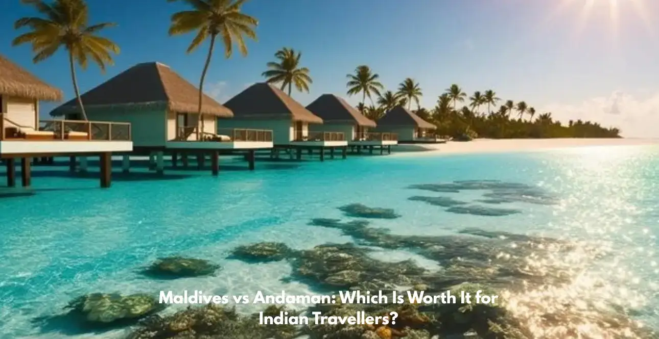 Tropical overwater bungalows surrounded by clear turquoise water, palm trees, and a bright blue sky.