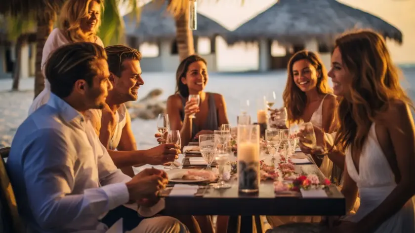 A group of friends enjoys an elegant beachfront dinner at a tropical resort, sharing food and drinks at sunset beneath thatched-roof cabanas.
