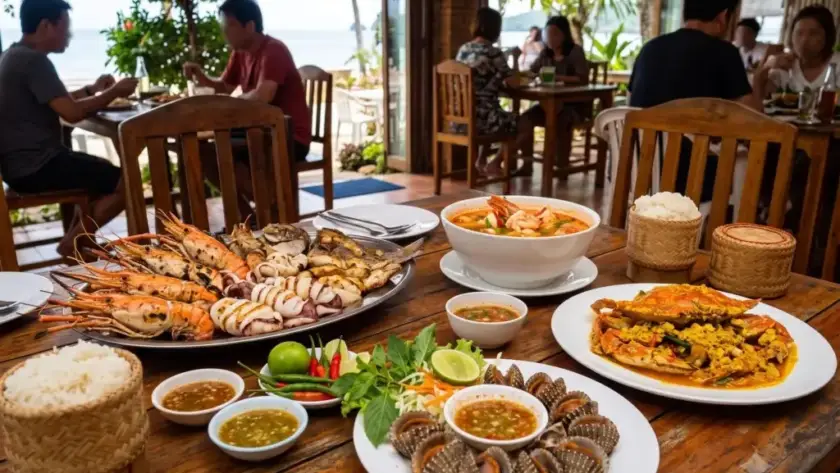 A seaside restaurant serves a seafood feast featuring grilled prawns, squid, shellfish, curry, rice, and dipping sauces on a wooden table overlooking the ocean.