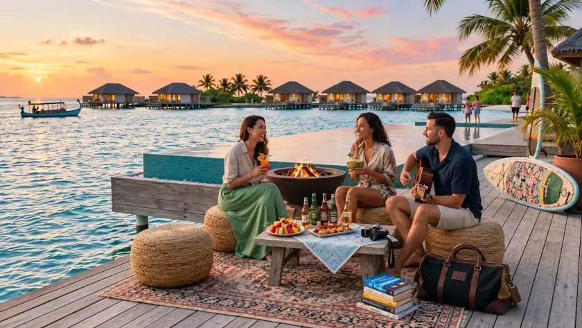 Three friends relaxing beside a fire pit on a tropical resort deck at sunset, with overwater bungalows in the background.